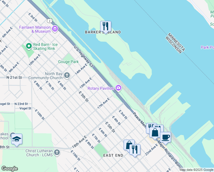 map of restaurants, bars, coffee shops, grocery stores, and more near 1602 East 2nd Street in Superior