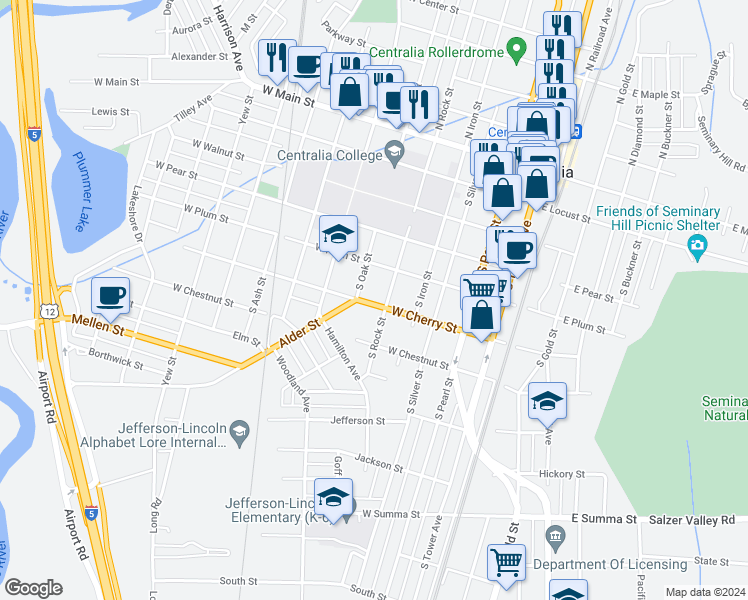 map of restaurants, bars, coffee shops, grocery stores, and more near 509 West Cherry Street in Centralia