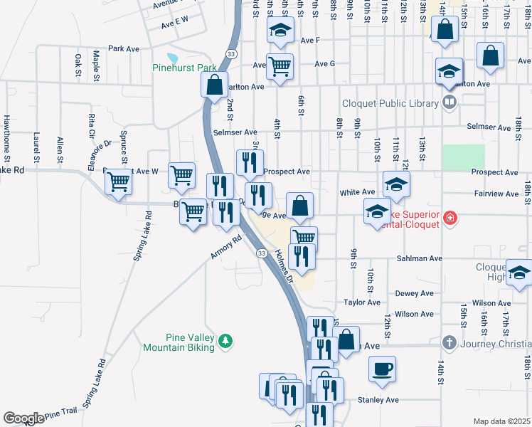 map of restaurants, bars, coffee shops, grocery stores, and more near 598 4th Street in Cloquet