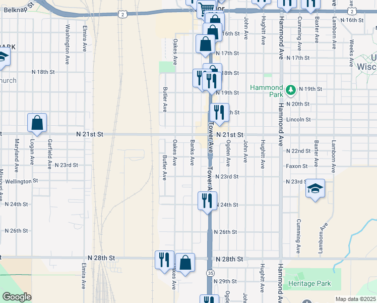 map of restaurants, bars, coffee shops, grocery stores, and more near 2125 Banks Avenue in Superior
