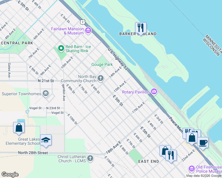 map of restaurants, bars, coffee shops, grocery stores, and more near 1414 East 4th Street in Superior