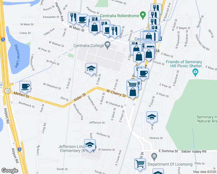 map of restaurants, bars, coffee shops, grocery stores, and more near 516 South Rock Street in Centralia