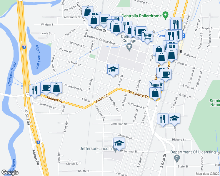 map of restaurants, bars, coffee shops, grocery stores, and more near 618 West Cherry Street in Centralia