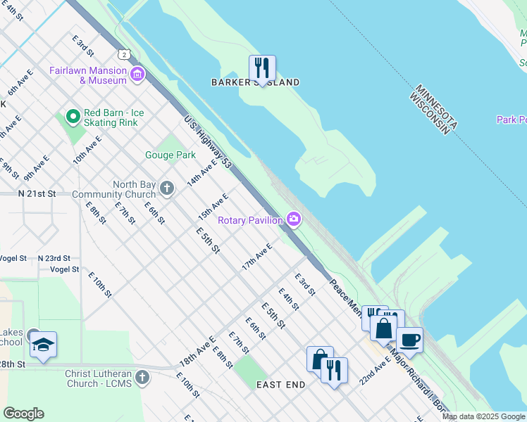 map of restaurants, bars, coffee shops, grocery stores, and more near 1602 East 2nd Street in Superior