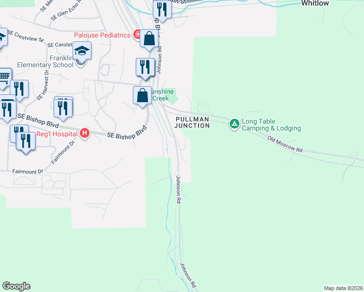 map of restaurants, bars, coffee shops, grocery stores, and more near 1750 Johnson Road in Pullman