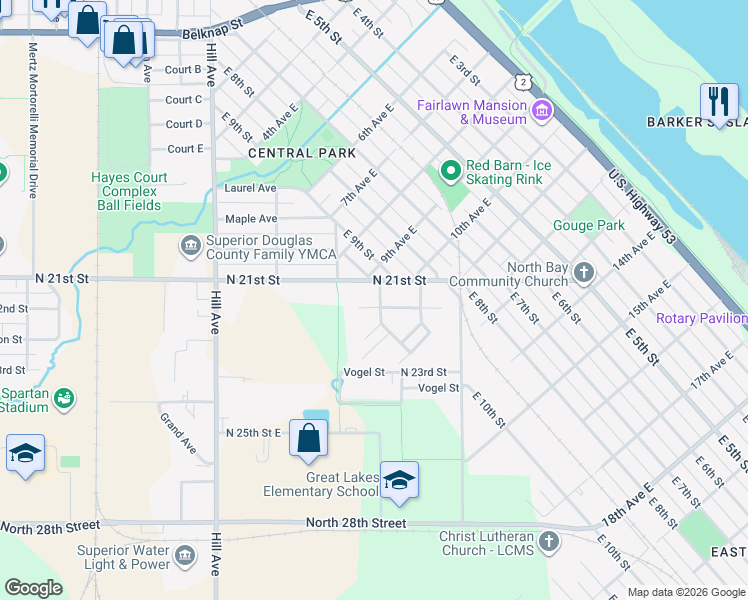 map of restaurants, bars, coffee shops, grocery stores, and more near 2101 Linden Lane in Superior