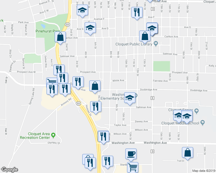 map of restaurants, bars, coffee shops, grocery stores, and more near 617 8th Street in Cloquet