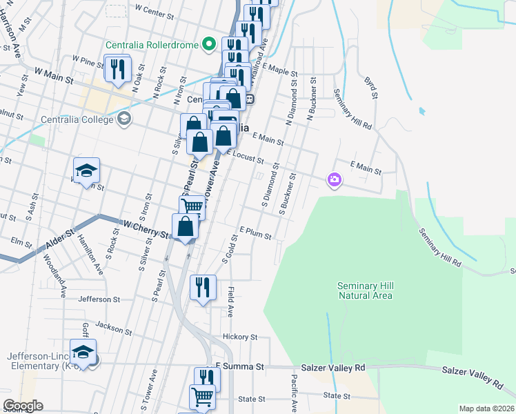 map of restaurants, bars, coffee shops, grocery stores, and more near 321 South Diamond Street in Centralia