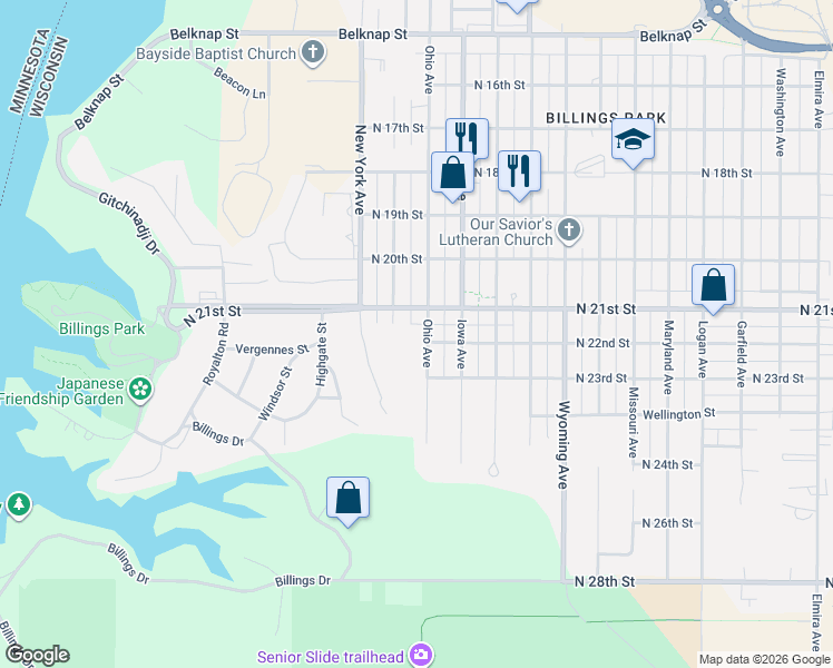 map of restaurants, bars, coffee shops, grocery stores, and more near 2111 Ohio Avenue in Superior