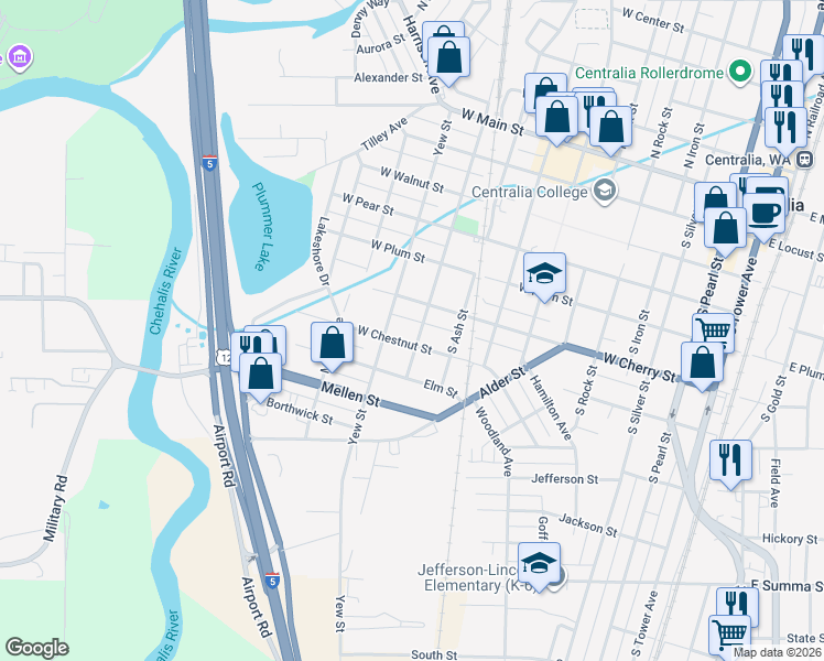 map of restaurants, bars, coffee shops, grocery stores, and more near 615 South Cedar Street in Centralia