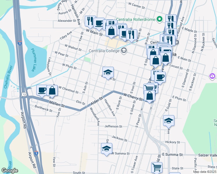 map of restaurants, bars, coffee shops, grocery stores, and more near 519 South Oak Street in Centralia