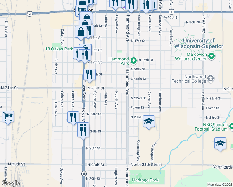 map of restaurants, bars, coffee shops, grocery stores, and more near 1510 North 21st Street in Superior