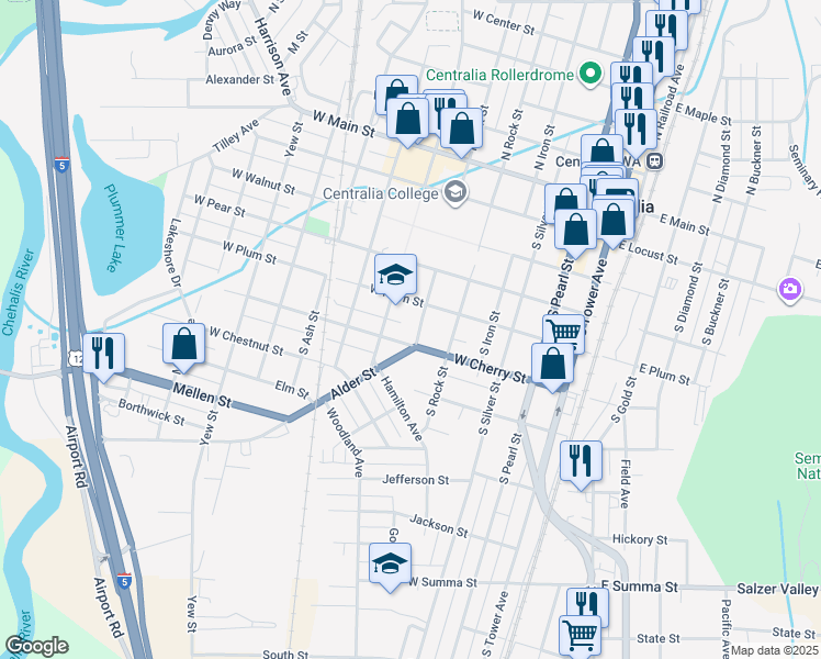 map of restaurants, bars, coffee shops, grocery stores, and more near 519 South Oak Street in Centralia