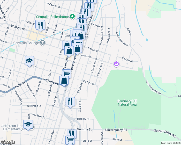 map of restaurants, bars, coffee shops, grocery stores, and more near 321 South Diamond Street in Centralia