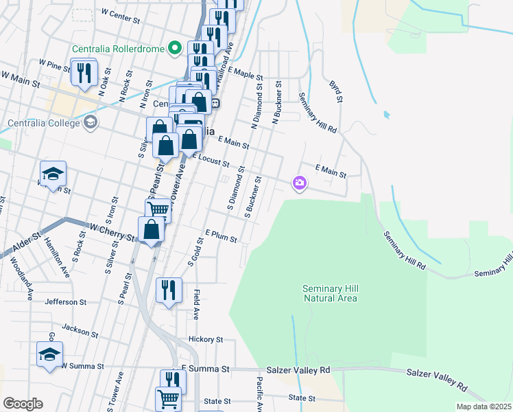 map of restaurants, bars, coffee shops, grocery stores, and more near 306 South Buckner Street in Centralia