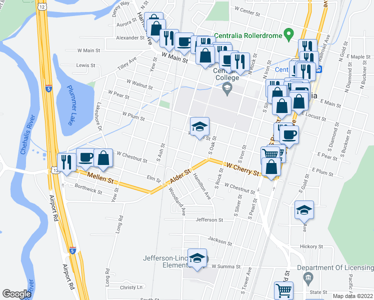 map of restaurants, bars, coffee shops, grocery stores, and more near 703 West Cherry Street in Centralia