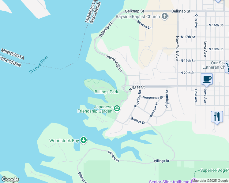 map of restaurants, bars, coffee shops, grocery stores, and more near 25 Billings Drive in Superior