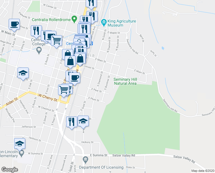 map of restaurants, bars, coffee shops, grocery stores, and more near 306 South Buckner Street in Centralia