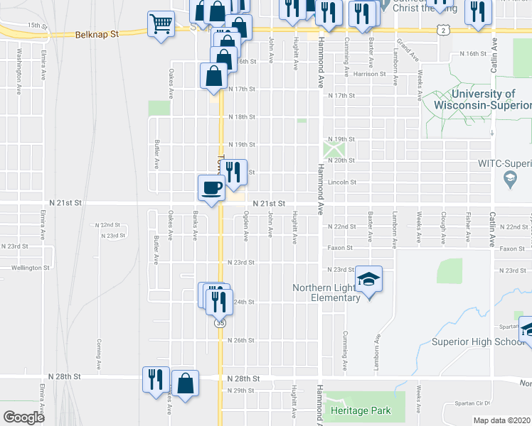 map of restaurants, bars, coffee shops, grocery stores, and more near 2111 John Avenue in Superior