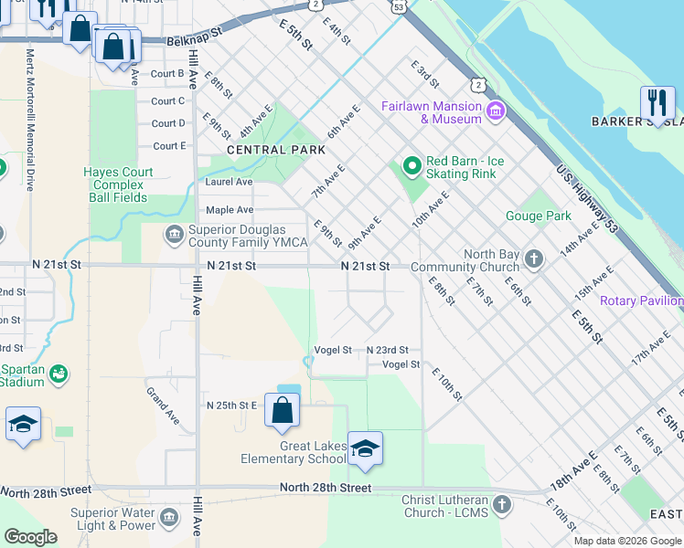 map of restaurants, bars, coffee shops, grocery stores, and more near 2101 Linden Lane in Superior