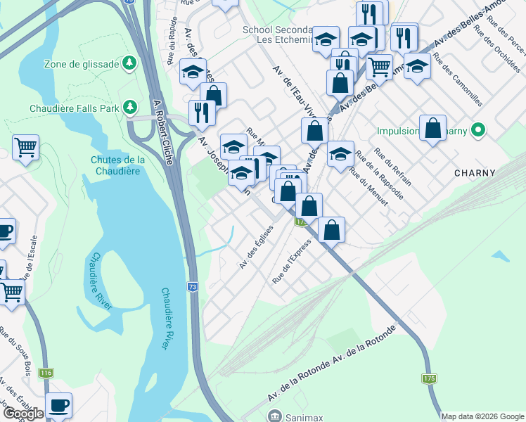 map of restaurants, bars, coffee shops, grocery stores, and more near 3070 Avenue Joseph Hudon in Lévis