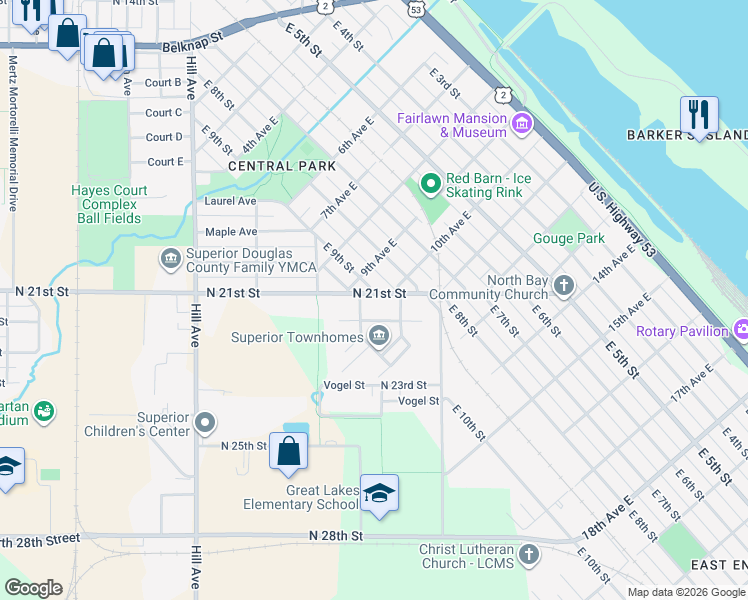map of restaurants, bars, coffee shops, grocery stores, and more near 2 North 21st Street in Superior