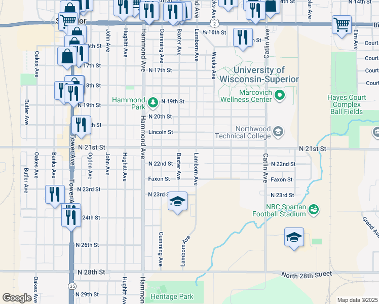 map of restaurants, bars, coffee shops, grocery stores, and more near 1108 North 21st Street in Superior
