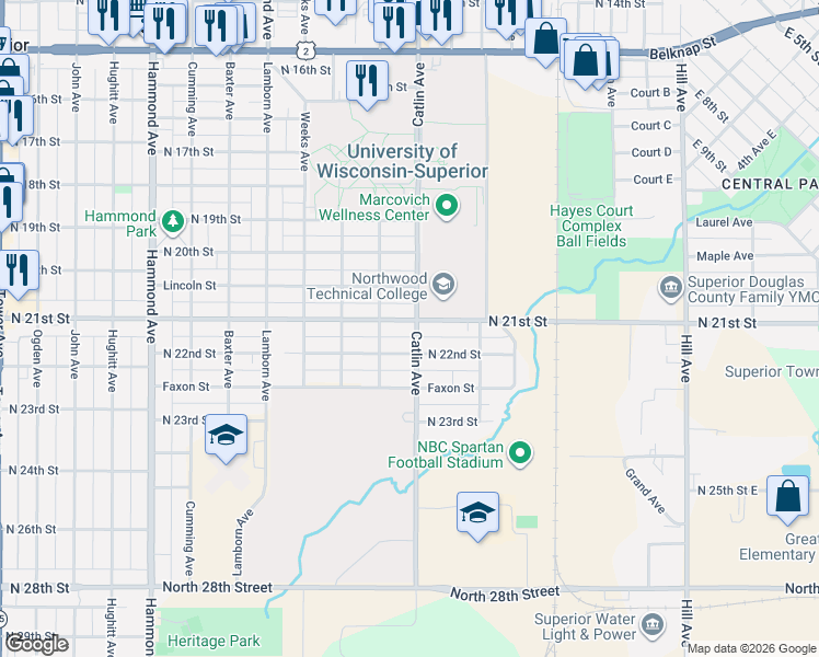 map of restaurants, bars, coffee shops, grocery stores, and more near 702 North 21st Street in Superior