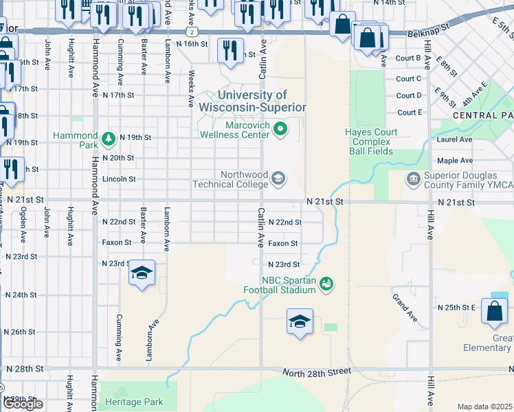 map of restaurants, bars, coffee shops, grocery stores, and more near 702 North 21st Street in Superior