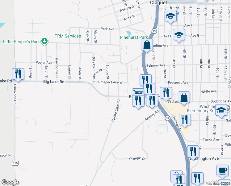 map of restaurants, bars, coffee shops, grocery stores, and more near 917 Spring Lake Road in Cloquet