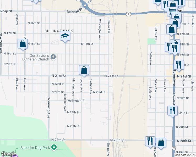 map of restaurants, bars, coffee shops, grocery stores, and more near 2604 North 21st Street in Superior