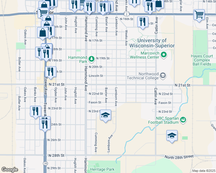 map of restaurants, bars, coffee shops, grocery stores, and more near 1108 North 21st Street in Superior