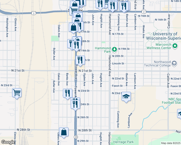 map of restaurants, bars, coffee shops, grocery stores, and more near 2111 John Avenue in Superior