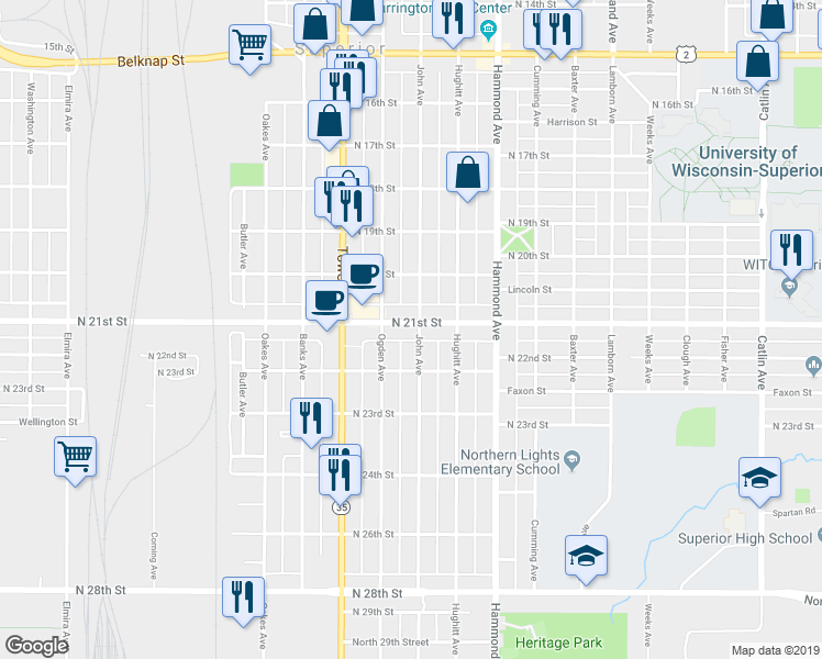 map of restaurants, bars, coffee shops, grocery stores, and more near 2101 John Avenue in Superior