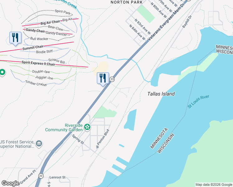 map of restaurants, bars, coffee shops, grocery stores, and more near 8554 Grand Avenue in Duluth