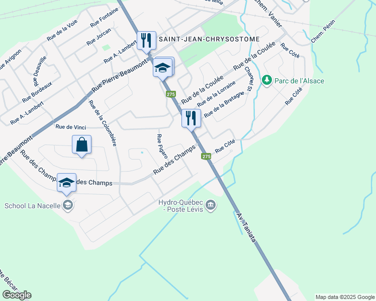 map of restaurants, bars, coffee shops, grocery stores, and more near 1009 Rue des Champs in Lévis
