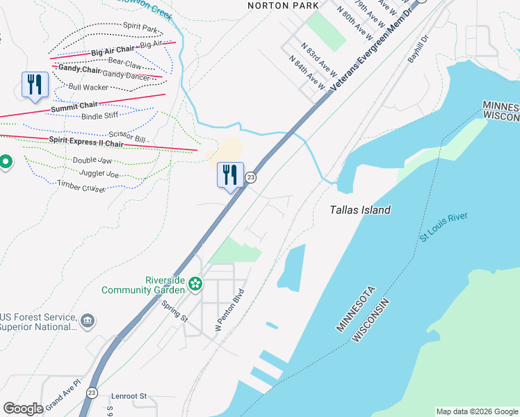 map of restaurants, bars, coffee shops, grocery stores, and more near 8554 Grand Avenue in Duluth
