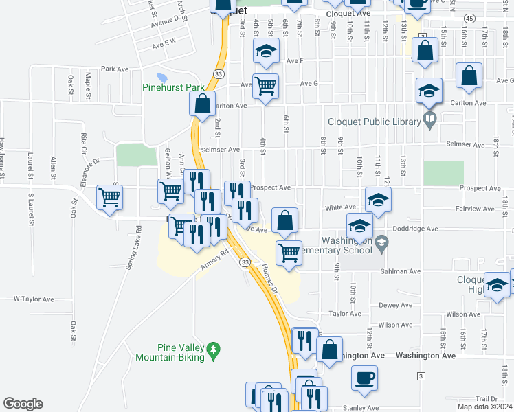 map of restaurants, bars, coffee shops, grocery stores, and more near 510 4th Street in Cloquet