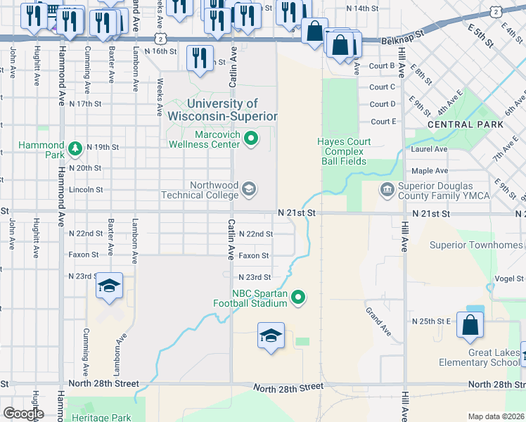 map of restaurants, bars, coffee shops, grocery stores, and more near 2106 Cypress Avenue in Superior