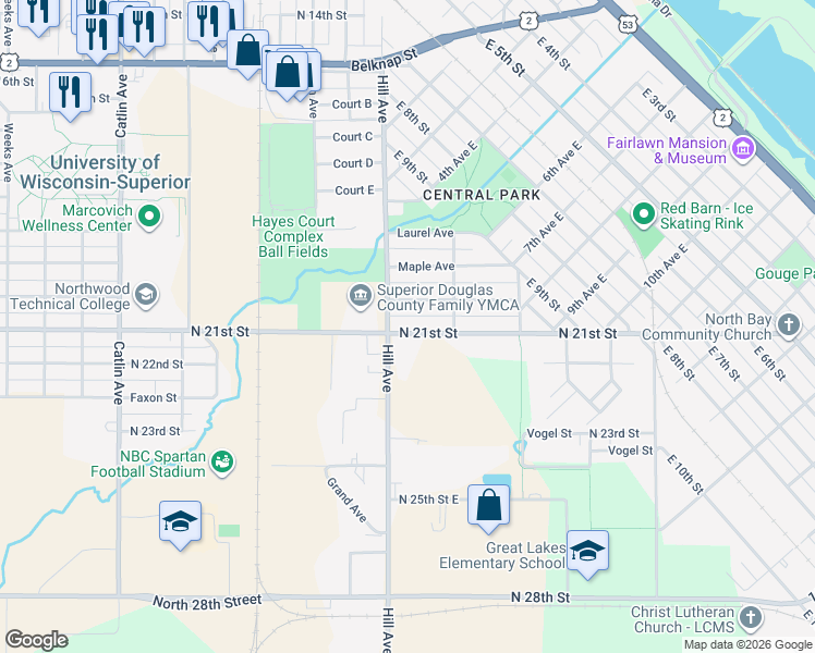 map of restaurants, bars, coffee shops, grocery stores, and more near 15 North 21st Street in Superior