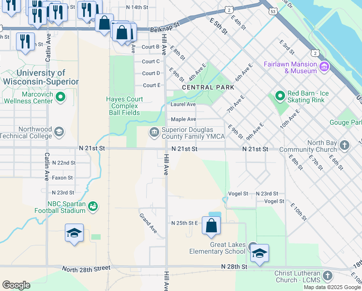 map of restaurants, bars, coffee shops, grocery stores, and more near 15 North 21st Street in Superior