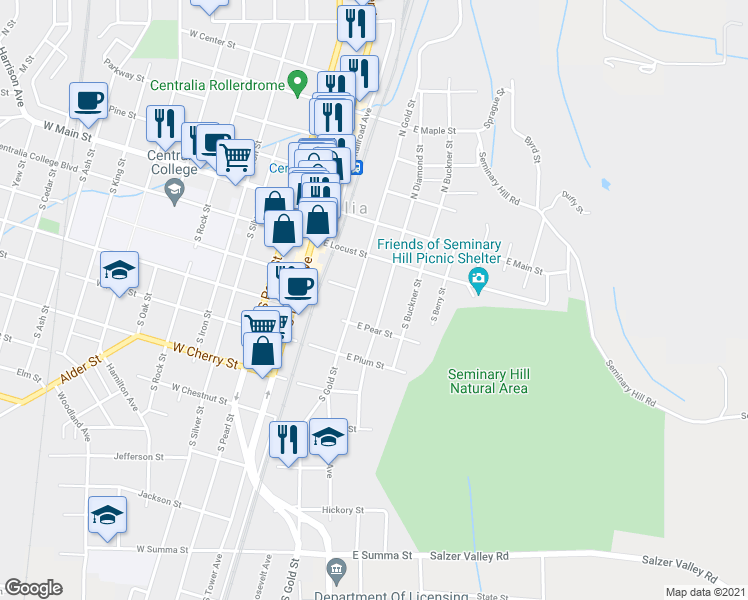 map of restaurants, bars, coffee shops, grocery stores, and more near 321 South Diamond Street in Centralia