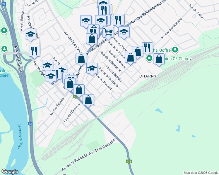 map of restaurants, bars, coffee shops, grocery stores, and more near 5146 Rue des Mélomanes in Levis
