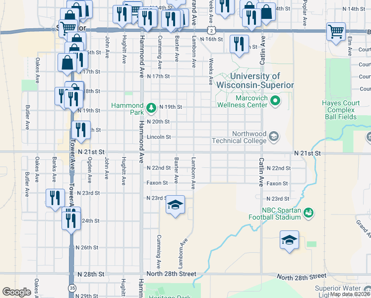 map of restaurants, bars, coffee shops, grocery stores, and more near 1108 North 21st Street in Superior