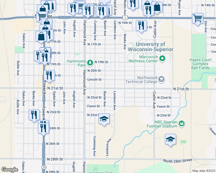 map of restaurants, bars, coffee shops, grocery stores, and more near 1108 North 21st Street in Superior
