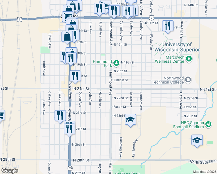 map of restaurants, bars, coffee shops, grocery stores, and more near 1408 North 21st Street in Superior