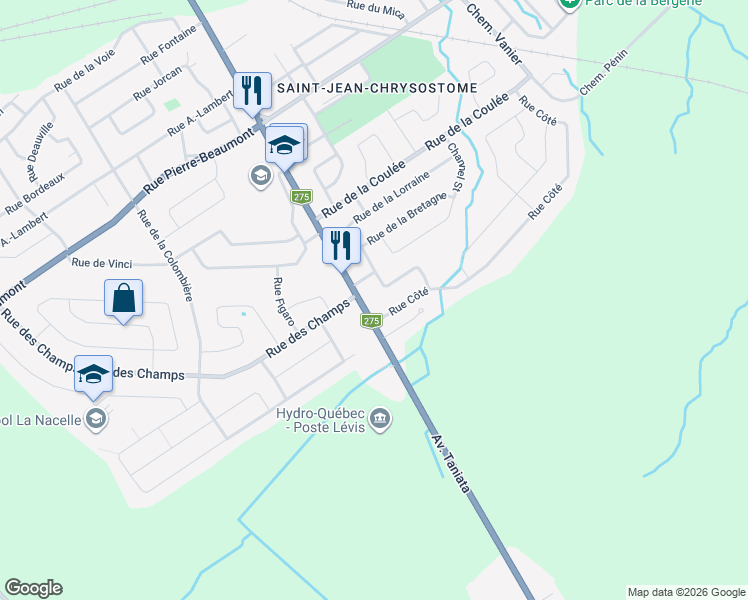 map of restaurants, bars, coffee shops, grocery stores, and more near 1091 Avenue Taniata in Lévis