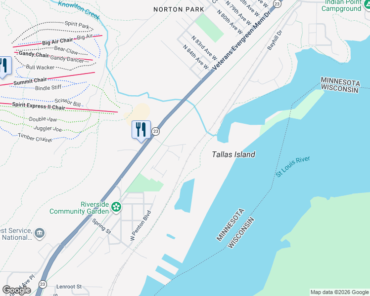 map of restaurants, bars, coffee shops, grocery stores, and more near Western Waterfront Trail in Duluth