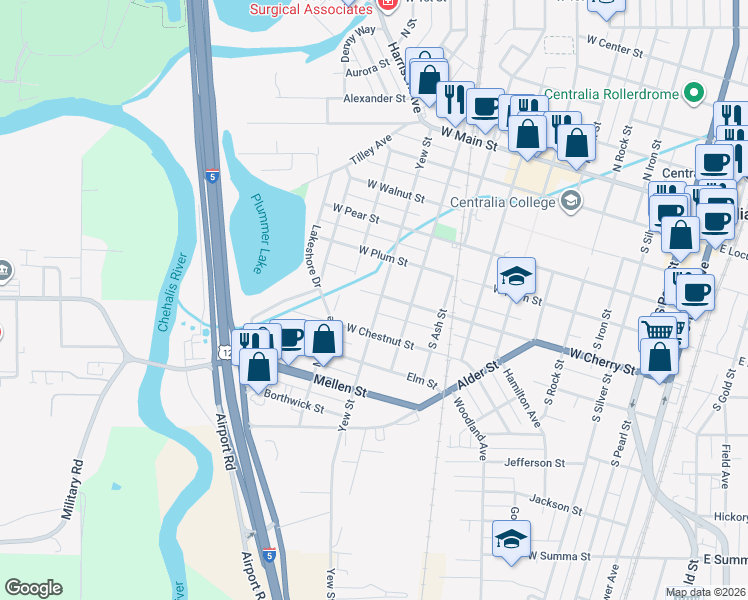 map of restaurants, bars, coffee shops, grocery stores, and more near 615 South Cedar Street in Centralia