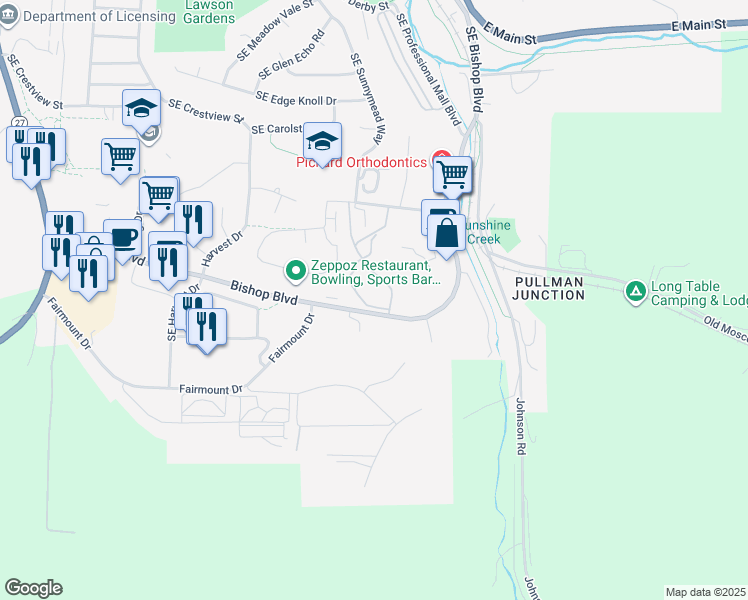 map of restaurants, bars, coffee shops, grocery stores, and more near in Pullman